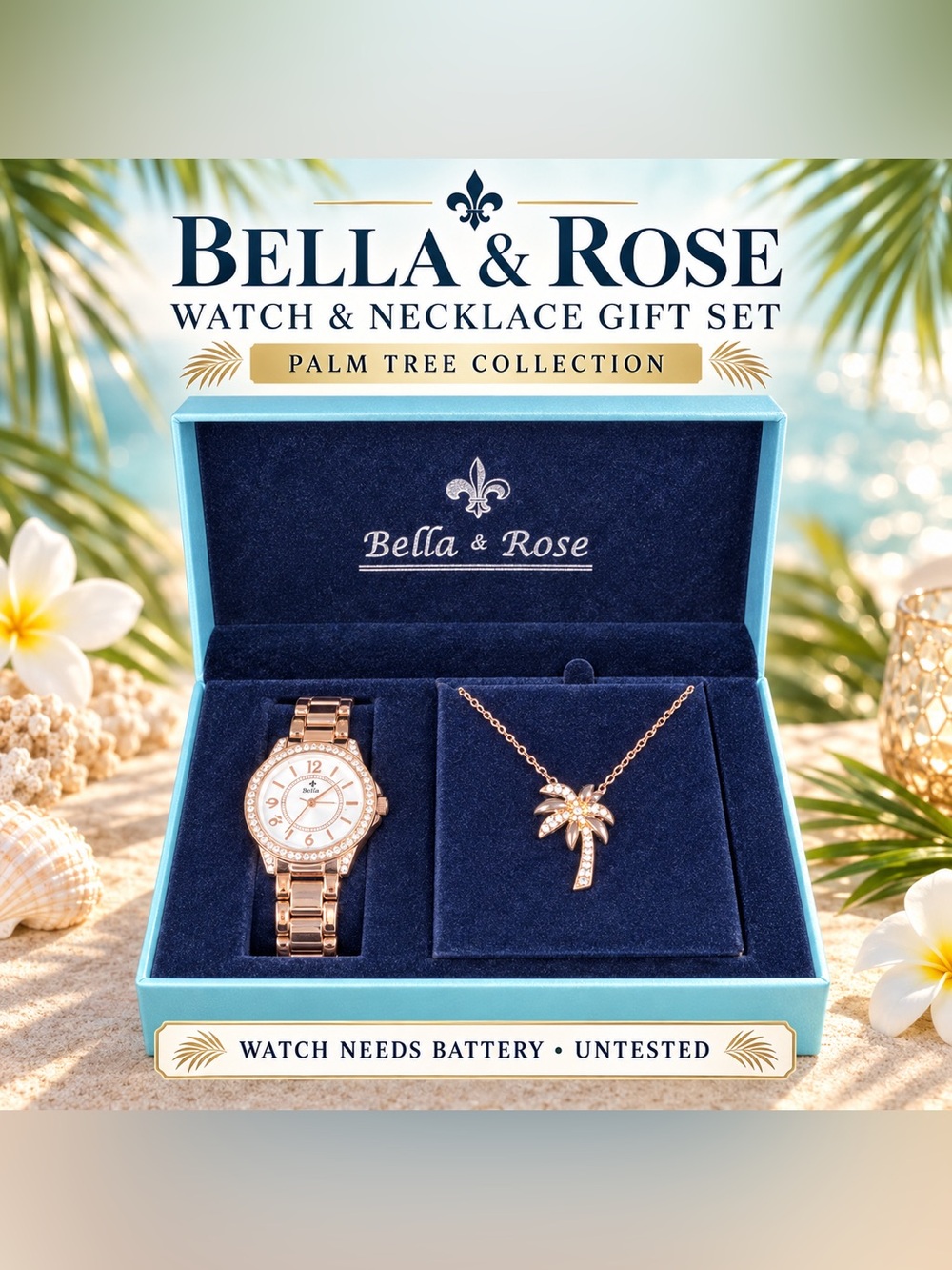 BELLA & ROSE ROSE-GOLD-TONE WATCH & PALM TREE NECKLACE GIFT SET